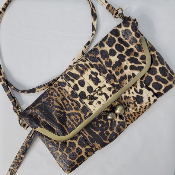Jessica Simpson leopard print kiss lock fold over crossbody clutch brown Y2K - Picture 1 of 10